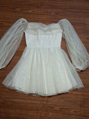 Sparkle Tulle Puff-Sleeve Mini Dress - Ivory